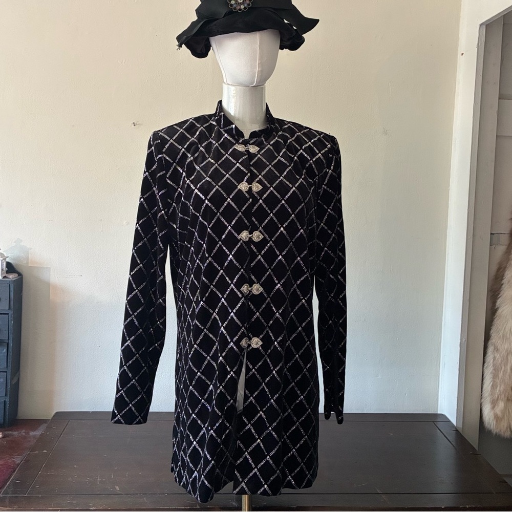 J.B.S Black and Silver Velvet Diamond Patterned Coat